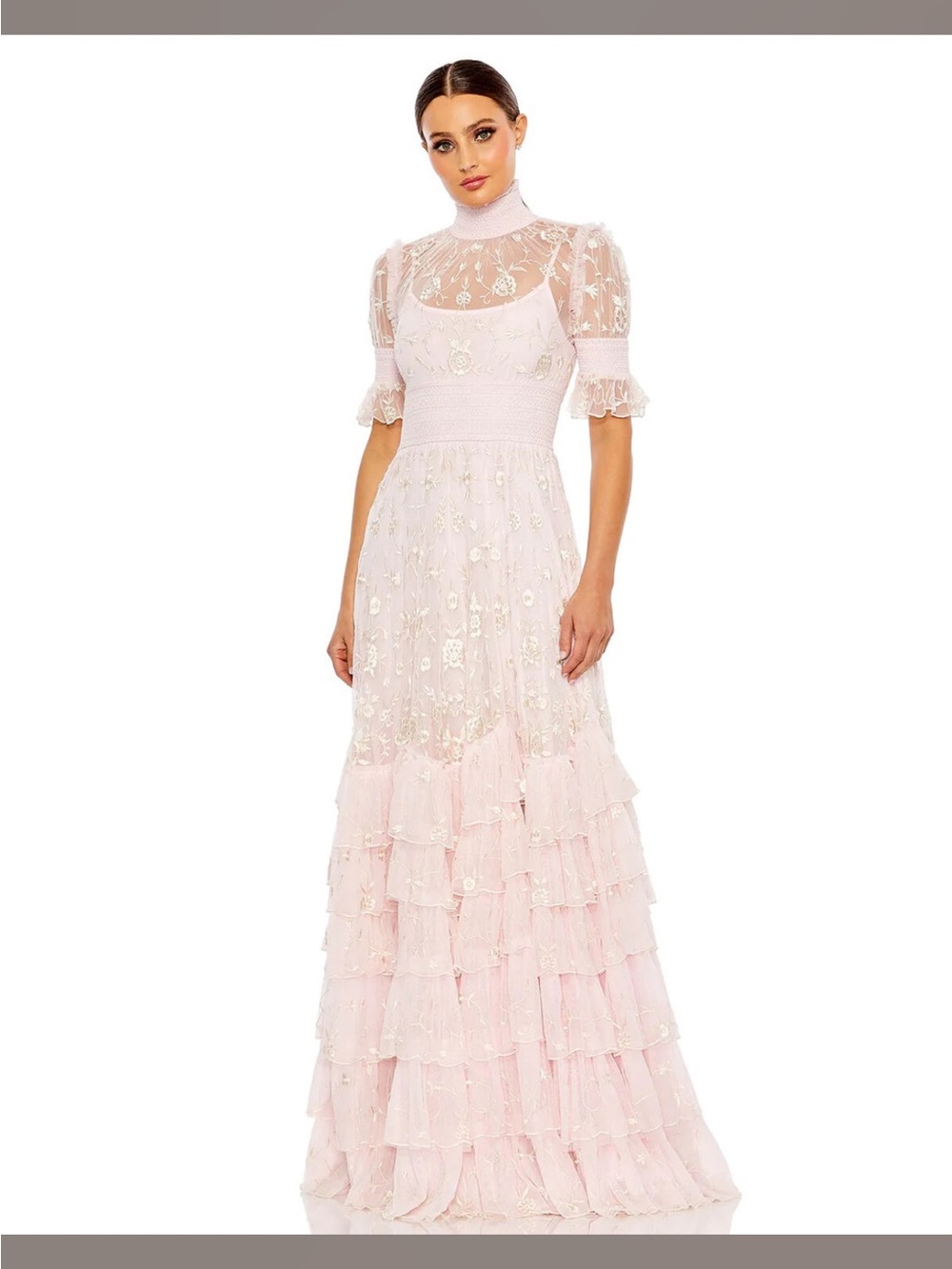 Mac Duggal Blush Pink Floral Embroidered Lace Tiered Ruffle Floor Length Gown